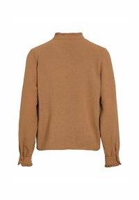 Brun långärmad topp i texturerad tyg, med en volangkrage och knäppt manschett, med en avslappnad passform och enfärgad.