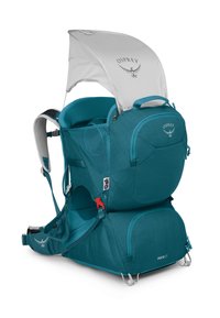 Mochila ergonómica color aguamarina con función de portabebés, detalles de malla, correas ajustables y un toldo desmontable para protección.