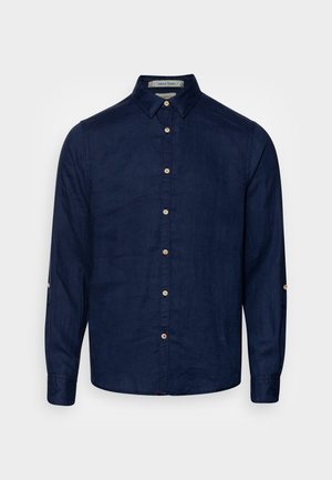 Long-sleeve navy blue button-up shirt with collar and light-colored buttons, displayed on a plain background.