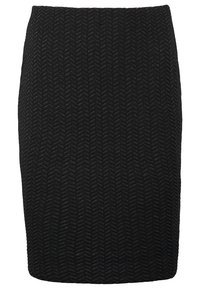 Jupe crayon noire avec un motif en zigzag texturé, design ajusté et coupe mi-longue. Confectionnée en tissu extensible pour le confort.