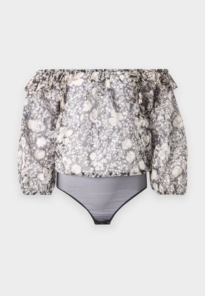 Bodysuit s cvjetnim uzorkom bez naramenica, koji ima volanaste rukave, crne rubove i mješoviti uzorak sive, bijele i bež boje. Materijal je lagan.