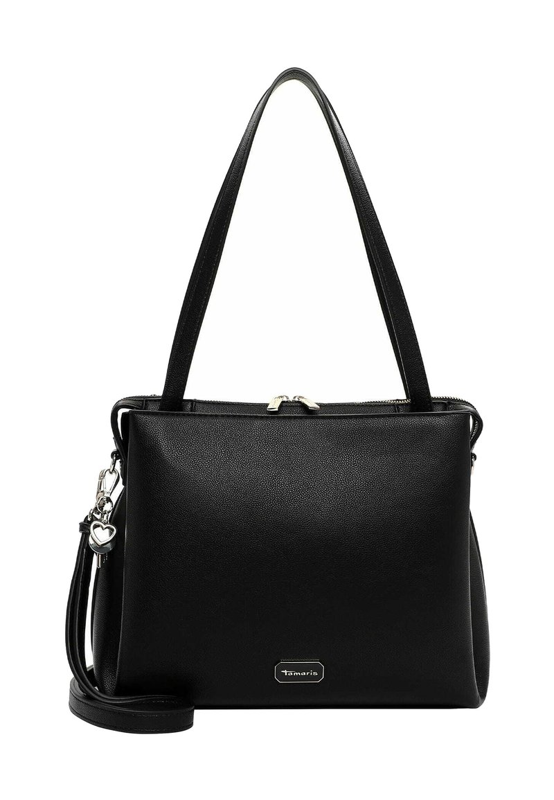 Musta synteettinen käsilaukku, jossa on jämäkkä muotoilu, kahdet kantokahvat, vetoketjusuljenta ja irrotettava olkahihna. Varustettu sydänriipuksella.