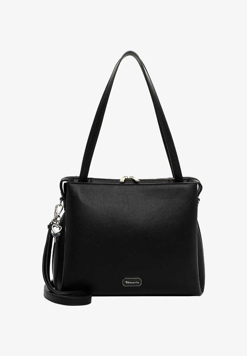 Musta synteettinen käsilaukku, jossa on jämäkkä muotoilu, kahdet kantokahvat, vetoketjusuljenta ja irrotettava olkahihna. Varustettu sydänriipuksella.