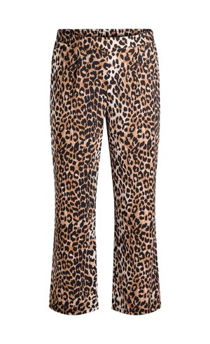 Pantalones recortados con estampado de leopardo en tonos marrones y negros. Tela suave con cintura elástica y diseño de pierna recta.