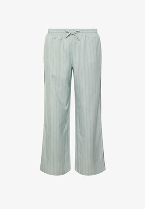 Lichtgrijze broek met wijde pijpen en dunne verticale krijtstrepen, elastische tailleband en vooraan aantrekkoord.