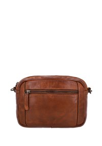 Brown leather crossbody bag with a textured finish, featuring a front zip pocket and a top zipper closure. Compact rectangular shape.