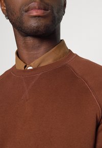 Felpa marrone con scollo tondo e maniche raglan, indossata sopra una camicia col beige con colletto, caratterizzata da dettagli di cucitura visibili.