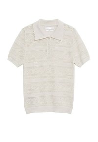Kurzarm-Polohemd in hellem Beige, mit gestrickter Textur und gewelltem Kragen, einem Knopfleisten und horizontalen Mustern.