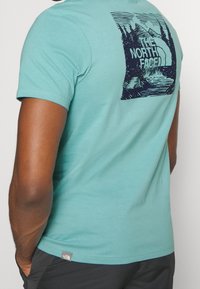 Tyrkysové tričko vyrobené z bavlny s krátkým rukávem. Na zádech má námořnický grafický potisk znázorňující hory a logo značky.