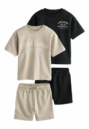 Two short-sleeve t-shirt and shorts sets, one beige with "Little League" text, one black with "Awesome Every Day" text, casual style.