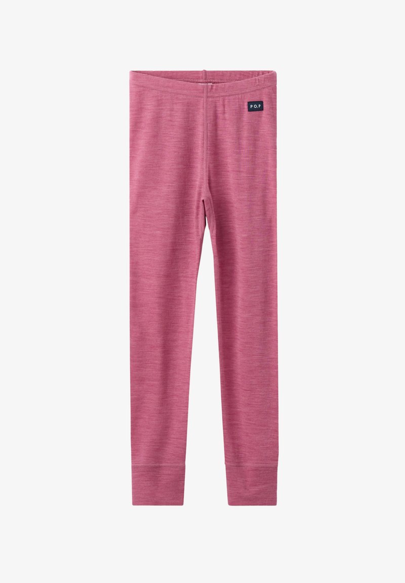 Roze fitted leggings met een klein zwart "P.O.P" label dicht bij de taille, gemaakt van een zachte, gemêleerde stof.