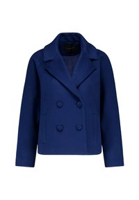 Marineblauwe wollen peacoat met een dubbelzijdig ontwerp, brede revers, twee voorzakken en ronde knoopdetails. Zachte textuur.
