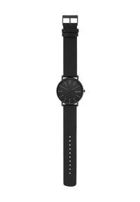 Reloj analógico negro con caja redonda, dial minimalista y correa de cuero. Presenta marcadores de hora plateados y una hebilla cuadrada.