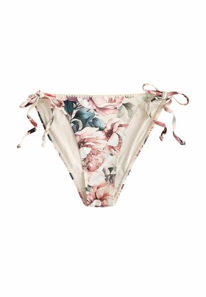 Ziedu bikini apakšdaļa ar krēmveida pamatu, kas rotāta ar lieliem rozā un zaļiem ziedu rakstiem, regulējami lentu piesiešanas elementi katrā pusē, gluda tekstūra.