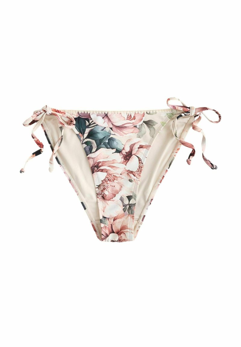 Virágmintás bikini alsó krém színű alappal, nagy rózsaszín és zöld virágmintákkal, állítható szalagkötésekkel mindkét oldalon, sima textúrával.