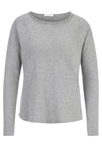 Felpa grigia a maniche lunghe con scollatura rotonda, spacchi laterali e orlo leggermente accorciato. Tessuto morbido e design casual.