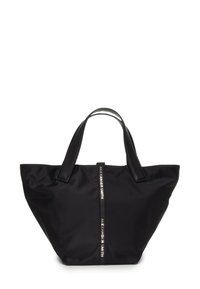 Borsa tote nera in nylon con manici in pelle, dotata di una cerniera centrale e dell'etichetta "ALEXANDER SMITH" in lettere argentate.