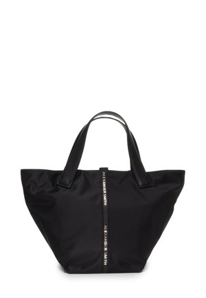 Borsa tote nera in nylon con manici in pelle, dotata di una cerniera centrale e dell'etichetta "ALEXANDER SMITH" in lettere argentate.
