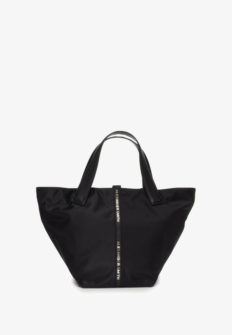 Borsa tote nera in nylon con manici in pelle, dotata di una cerniera centrale e dell'etichetta "ALEXANDER SMITH" in lettere argentate.