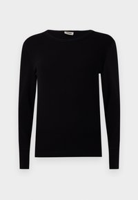 Pull noir à manches longues en col rond, fabriqué en tissu côtelé. Il dispose de manches ajustées et d'une texture lisse. Design simple et minimaliste.