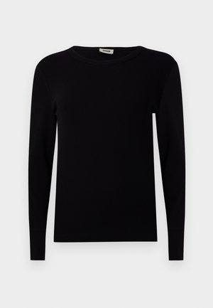 Svart langermet crewneck genser laget av ribbet stoff. Har tettsittende ermer og en glatt tekstur. Enkelt, minimalistisk design.