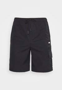 Schwarze Cargo-Shorts aus leichtem Stoff, mit elastischem Bund und Kordelzug, Seitentasche und lässiger Passform.