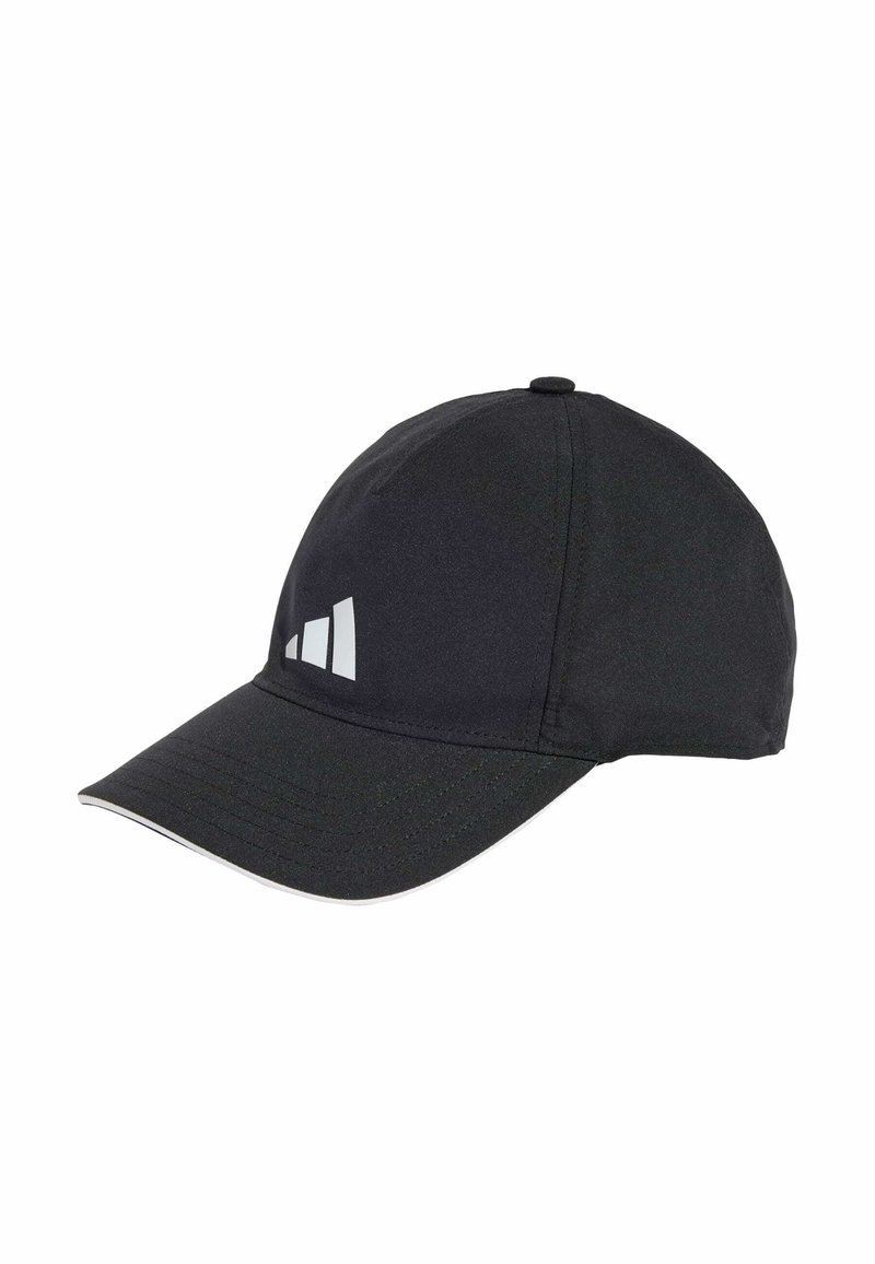 Black cap made of lightweight fabric with a curved brim, featuring a reflective logo on the front and a white accent along the brim's edge.