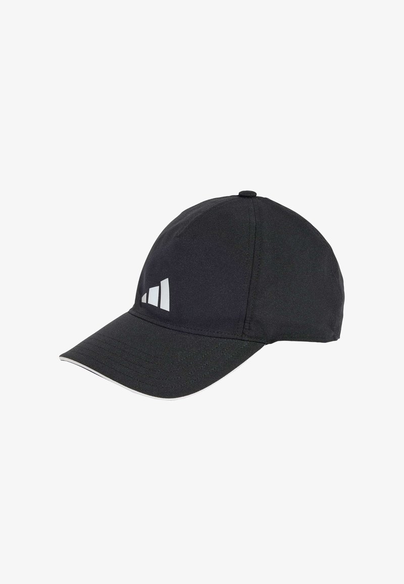 Black cap made of lightweight fabric with a curved brim, featuring a reflective logo on the front and a white accent along the brim's edge.