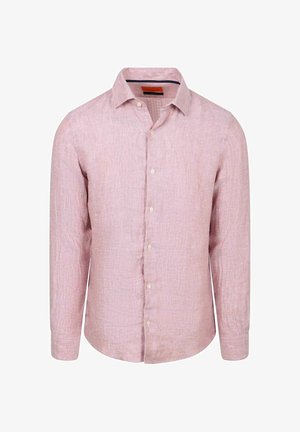 Hellrosa Leinenhemd mit langen Ärmeln, durchgeknöpfter Vorderseite und klassischem Kragen, vor weißem Hintergrund gezeigt.