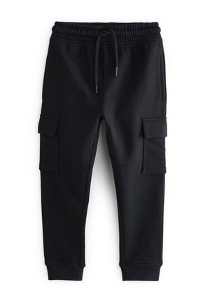 Pantalon cargo jogger noir avec taille élastique, cordon de serrage, poches latérales à rabat et poignets aux chevilles, présenté à plat sur un fond blanc.