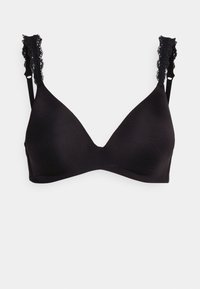 Melnā bralette ar trīsstūrveida kausēm, mīkstu audumu un mežģīņu akcentiem regulējamās siksnās. Vienkāršs dizains bez stieples vai polsterējuma.