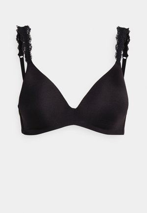 Schwarzes Bralette mit dreieckigen Cups, weichem Stoff und Spitzenakzenten an den verstellbaren Trägern. Schlichtes Design ohne Bügel oder Polsterung.