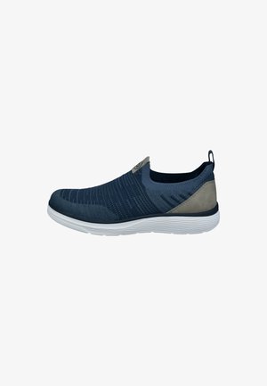 Schlüpfsportartenschuh aus blauem Mesh-Gewebe, mit grauen Akzenten an der Ferse, weißer Sohle und strukturiertem Design im Obermaterial.