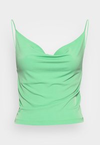 Top de al�ças finas verde menta, com decote drapeado e silhueta justa, confecionado em um material liso e elástico.