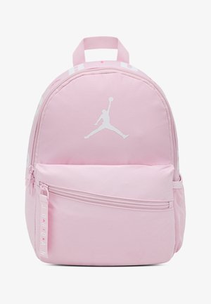Roosa riidest seljakott, millel on suur eesmine tõmblukuga tasku, võrgust küljetasku ja ees valge Jumpmani logo.