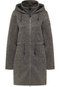 Šedý kapucí kabát s texturovaným povrchem. Obsahuje plný zip, akcenty s šňůrkou a boční kapsy. Zahrnuje kontrastní černou podšívku.