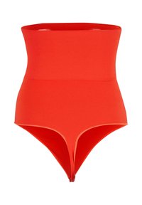 Hoch tailliertes rotes Bodysuit aus glattem, dehnbarem Stoff. Hat eine schlanke Passform und V-förmige Beinausschnitte, keine sichtbaren Verschlüsse oder Verzierungen.
