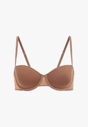 Brun sömlös underbygel-BH med vadderade kupor, justerbara band och en slät yta. Har en klassisk design som är lämplig för vardagsbruk.