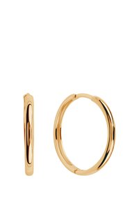 Hoop earrings w kolorze złotym o skręconym wzorze, z gładką, odblaskową powierzchnią i zapięciem, które oferują elegancki, nowoczesny wygląd.