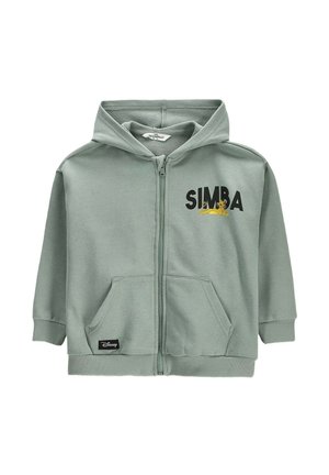Jasnozielona dziecięca bluza z kapturem i zamkiem błyskawicznym, z przednimi kieszeniami, tekstem "SIMBA" i małą postacią Simby z Disneya na piersi.