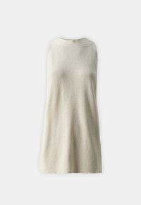 Knit sleeveless top in light cream color, featuring a textured surface with a curved neckline and a loose, flowing silhouette.