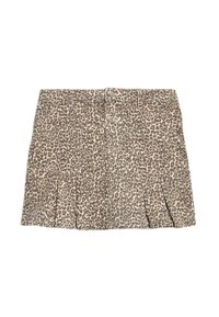 Jupe en imprimé léopard avec un design plissé, fabriquée en tissu avec une base beige et des taches brunes et noires, dotée d'une fermeture à bouton sur le devant.