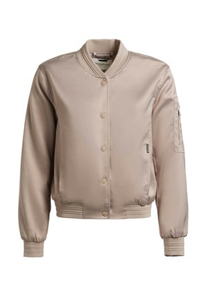Bézs színű szatén bomber dzseki patentos elülső résszel, bordázott gallérral, mandzsettákkal, szegéllyel és cipzáras zsebbel a bal ujján.