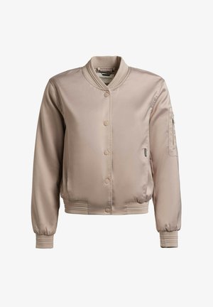 Bézs színű szatén bomber dzseki patentos elülső résszel, bordázott gallérral, mandzsettákkal, szegéllyel és cipzáras zsebbel a bal ujján.