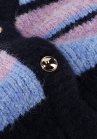 Pull en tricot avec des rayures bleu marine, bleu clair et rose. Il est agrémenté d'un bouton doré et d'un tissu doux et texturé.