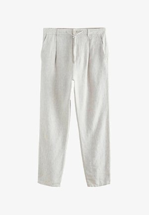 Hellgraue Leinenhose mit zulaufenden Beinen, Knopf- und Schnurverschluss an der Taille und Seitentaschen.