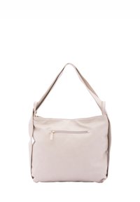Borsa a tracolla in finta pelle beige con finitura testurizzata, cinturino singolo e tasca anteriore con zip. Design semplice e rettangolare.