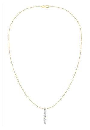 Delicata collana a catena in oro con un pendente a barretta verticale incastonato con piccoli diamanti scintillanti, fissata con una chiusura a molla.