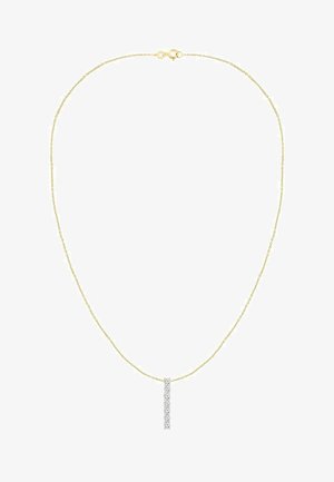 Delicata collana a catena in oro con un pendente a barretta verticale incastonato con piccoli diamanti scintillanti, fissata con una chiusura a molla.