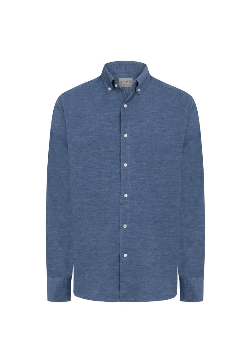 Camisa abotonada hecha de material ligero, con un tejido azul texturizado, mangas largas y un cuello clásico con botones delanteros.